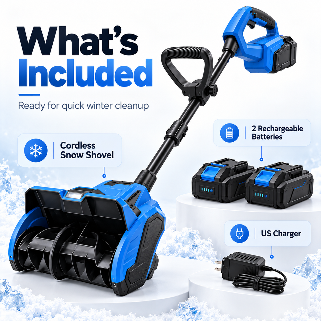 What's included with The Lumi Cordless Snow Shovel: two rechargeable batteries and US charger