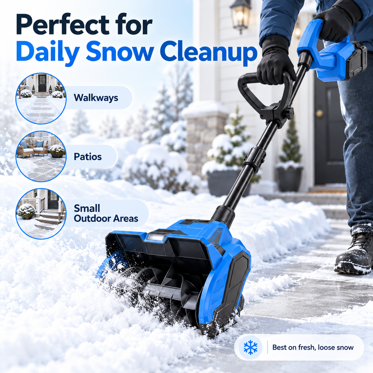 The Lumi Cordless Snow Shovel clearing fresh snow from a walkway