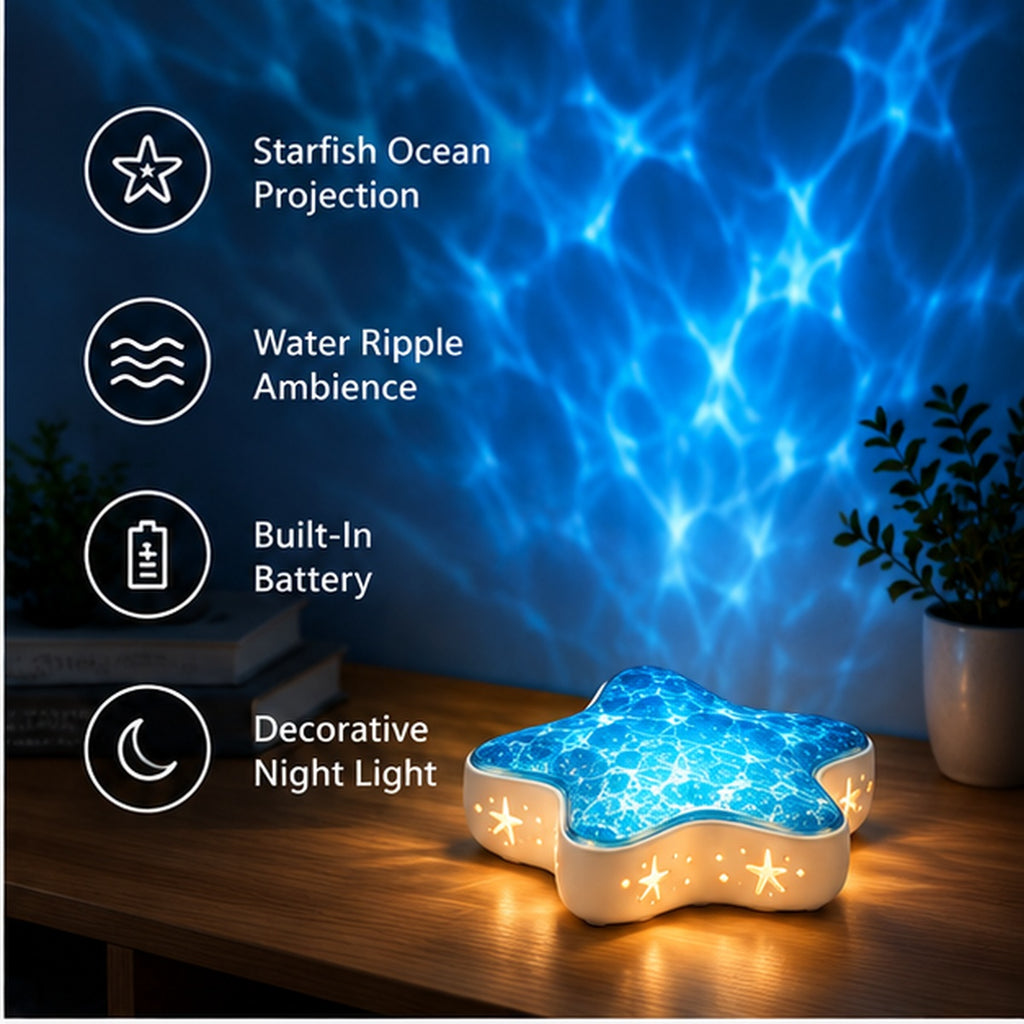 The Mare Starfish Projection Lamp – starfish ocean projection, water ripple ambience, built-in battery