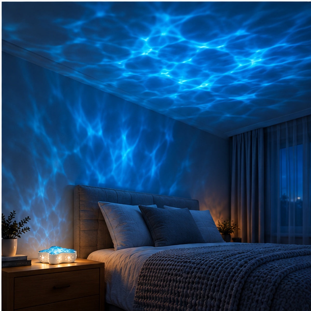 The Mare Starfish Projection Lamp – blue water ripple ambience in a bedroom