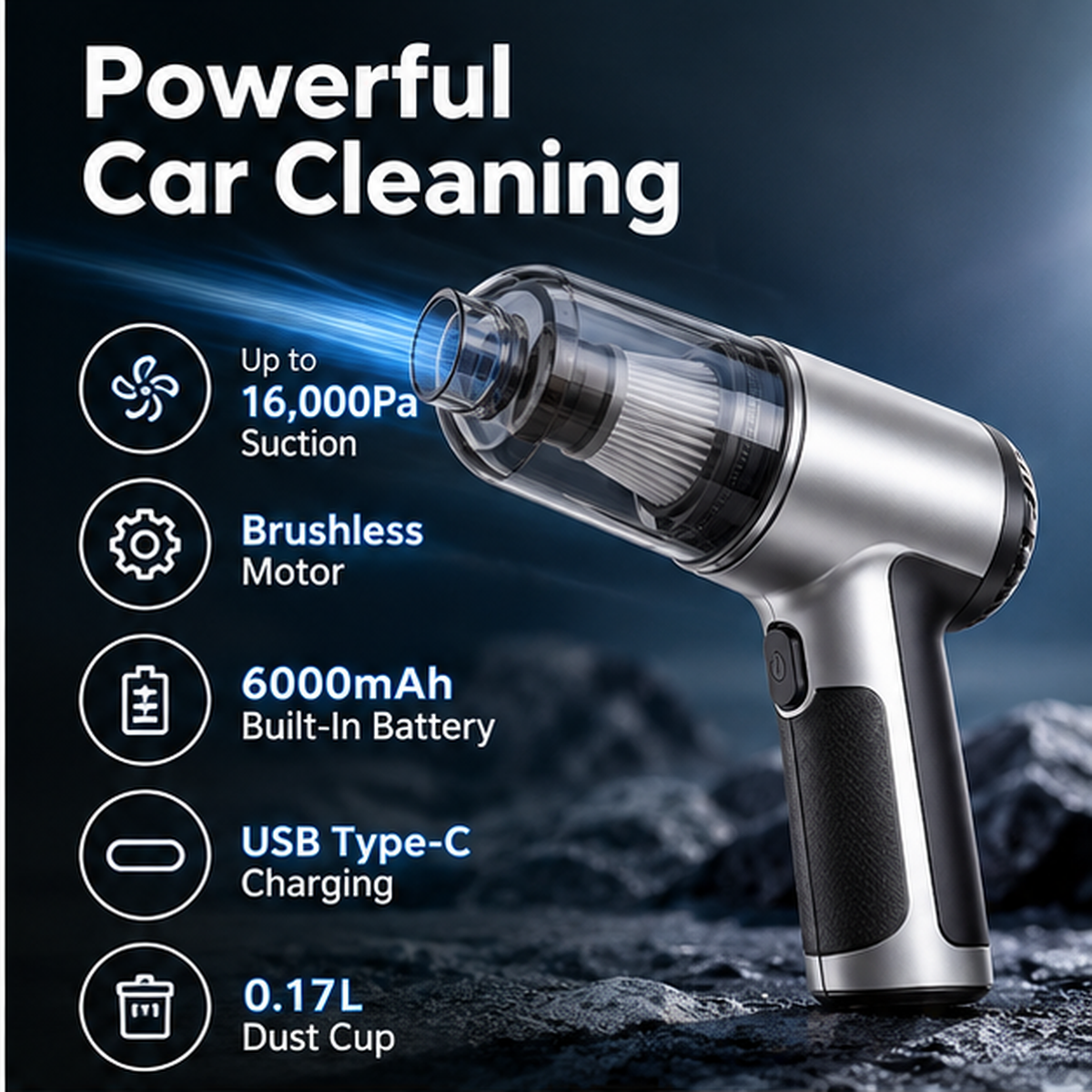 The Nexo Brushless Car Vacuum – 16000Pa suction, brushless motor, 6000mAh battery, USB-C charging and 0.17L dust cup