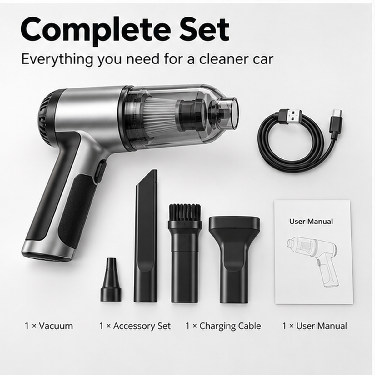The Nexo Brushless Car Vacuum – vacuum, accessory set, charging cable and user manual
