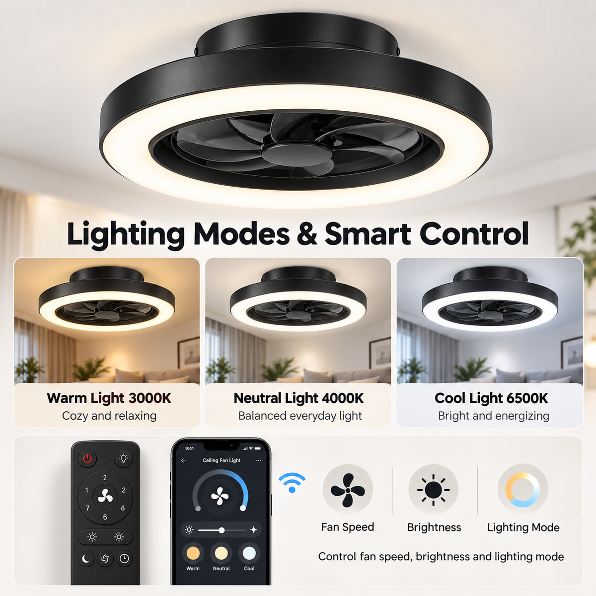 Niva Smart Ceiling Fan Light – smart controls and lighting modes