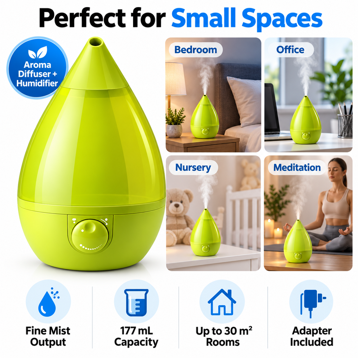 Noma compact humidifier and aroma diffuser for bedrooms, offices and small spaces