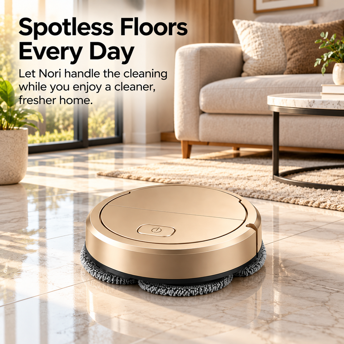 The Nori Automatic Mopping Robot – lifestyle floor cleaning in a modern living room