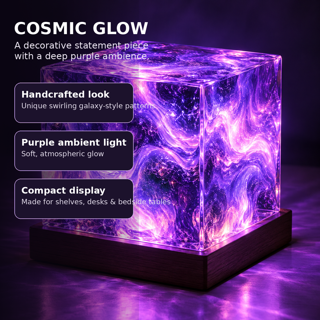 The Nova Galaxy Cube – handcrafted galaxy pattern and purple ambient glow