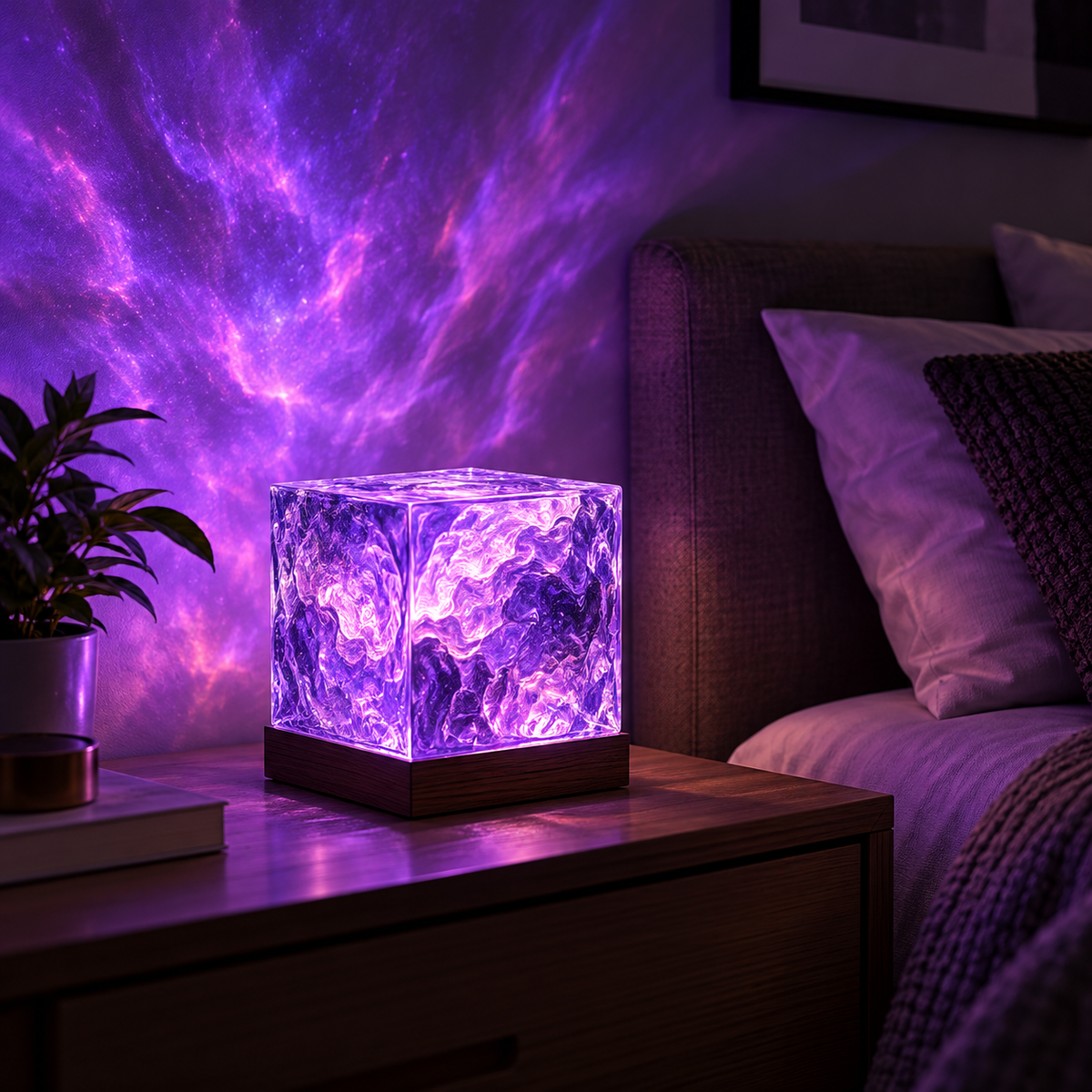 The Nova Galaxy Cube – purple ambient lighting in a bedroom