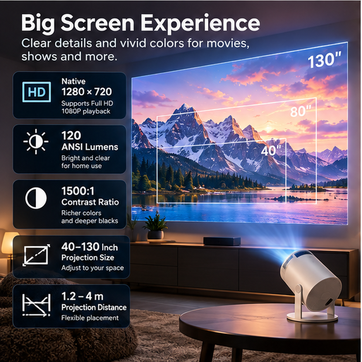 The Orin 5G WiFi Projector – 720p native resolution, 1080p playback support, 120 ANSI lumens and projection size