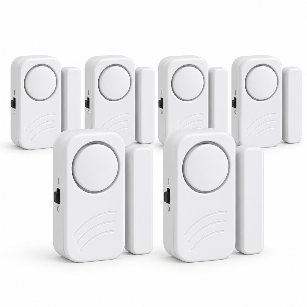 Securis 6-pack wireless door and window alarm sensors on white background