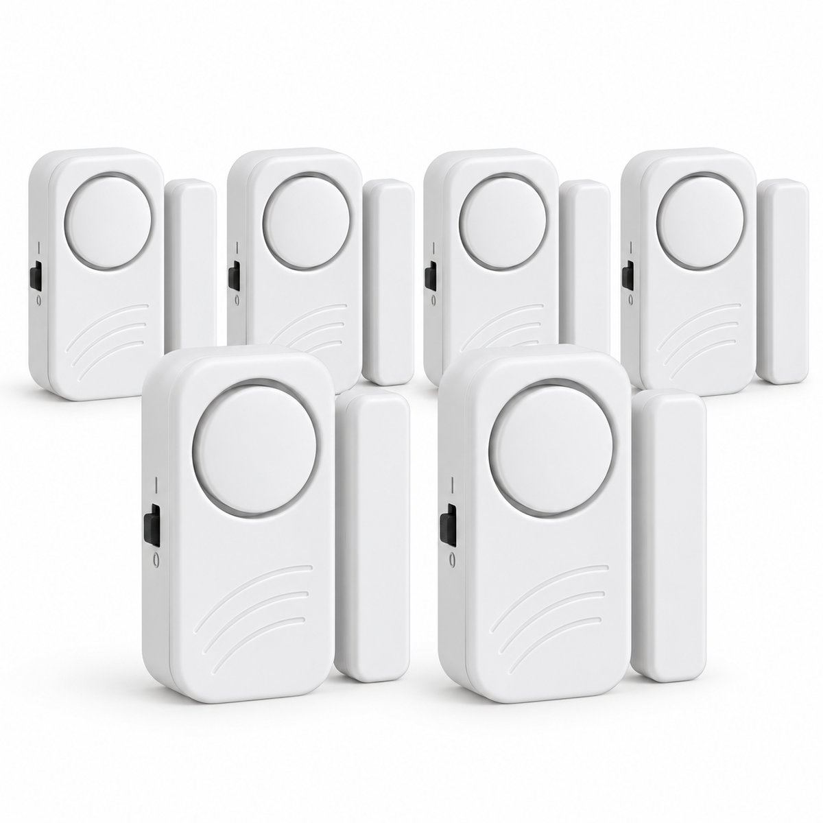 Securis 6-pack wireless door and window alarm sensors on white background