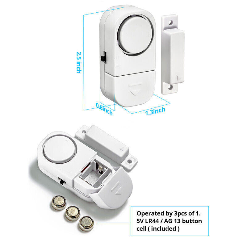 The Securis Single Door & Window Alarm – 3 LR44 batteries and magnetic sensor detail