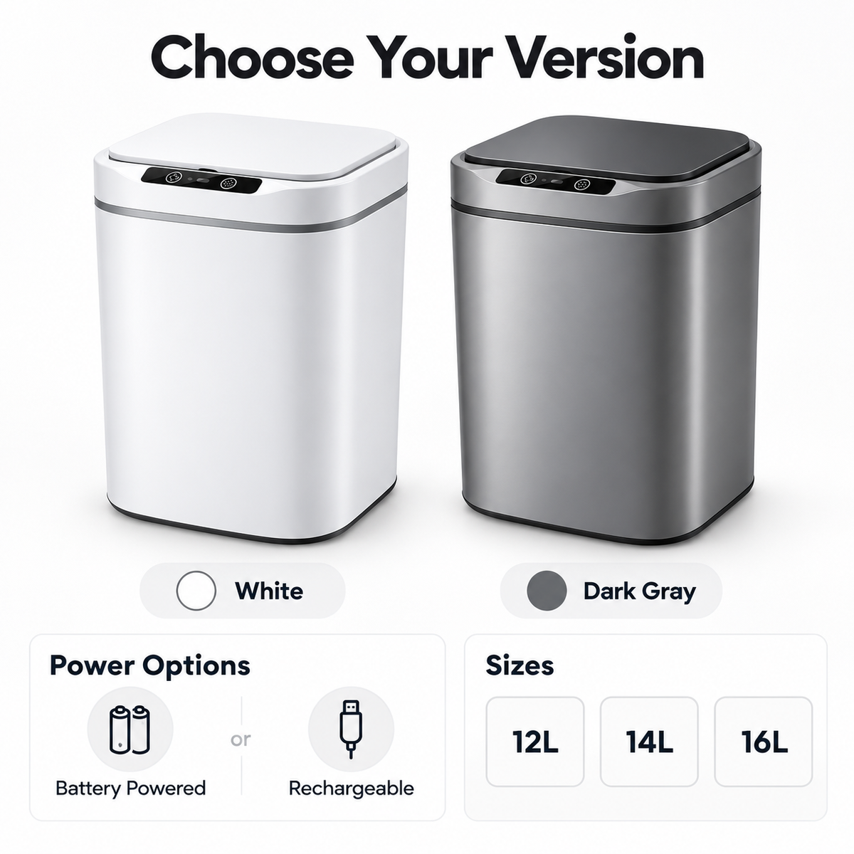 Sensa Smart Motion Sensor Trash Can – colors, power options and sizes