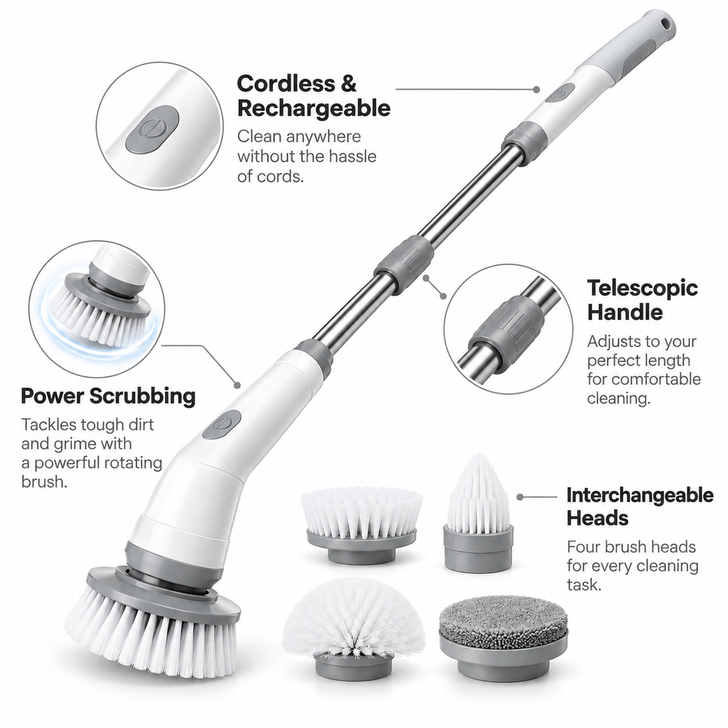 The Tova Telescopic Electric Scrubber – cordless telescopic cleaning features