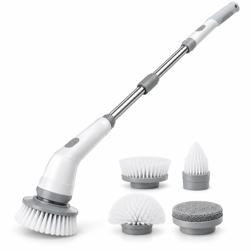 The Tova Telescopic Electric Scrubber – product and brush heads