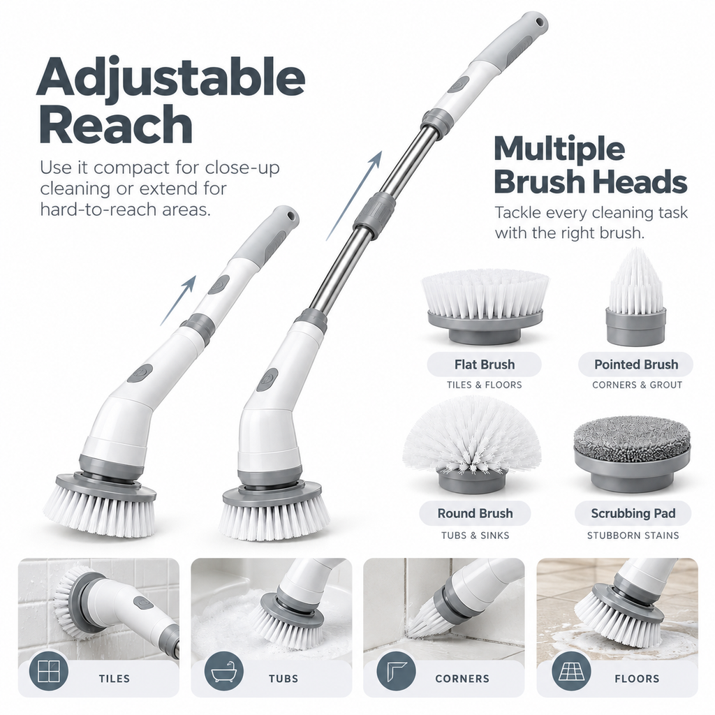 The Tova Telescopic Electric Scrubber – adjustable reach and brush heads
