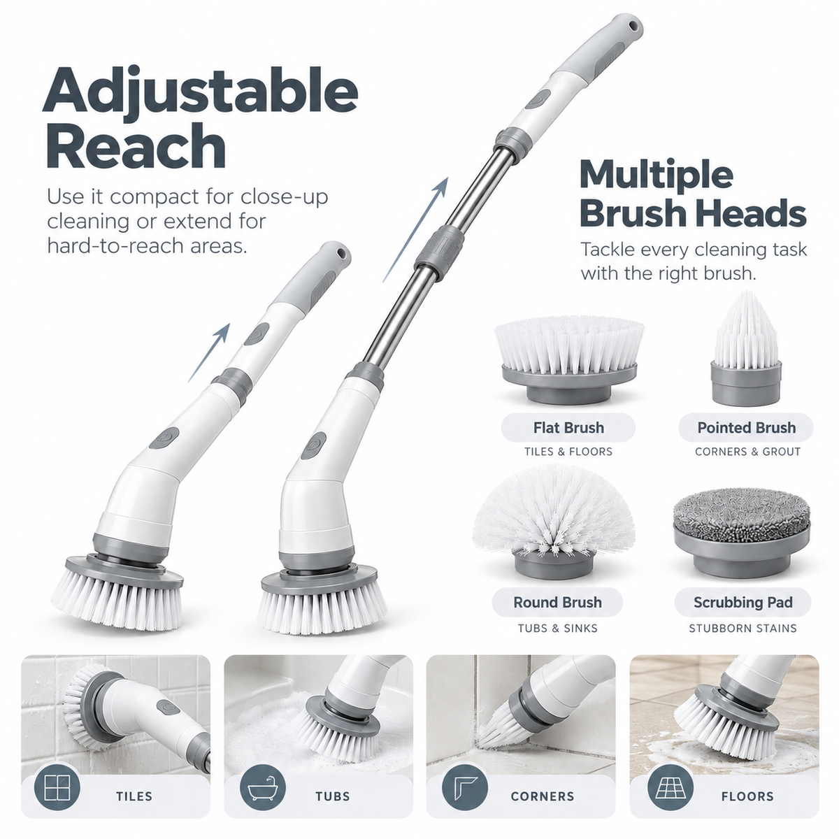 The Tova Telescopic Electric Scrubber – adjustable reach and brush heads